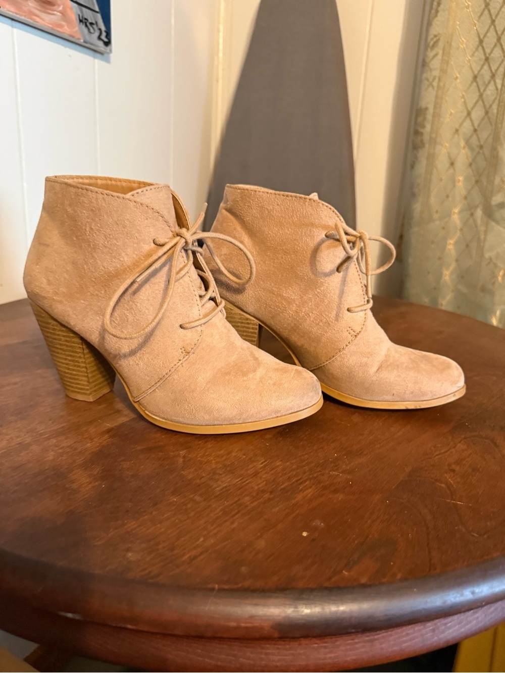 Womens Taupe Suede Lace-Up Ankle Booties